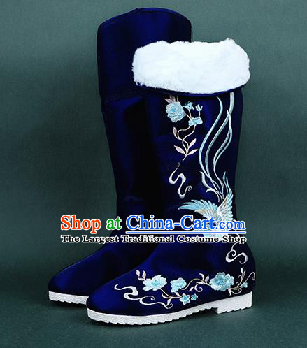 Chinese Handmade Winter Embroidered Royalblue High Boots Traditional Hanfu Shoes National Shoes for Women