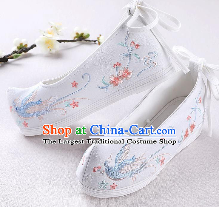 Chinese Handmade Opera Embroidered Pentas Bird White Shoes Traditional Hanfu Shoes National Shoes for Women