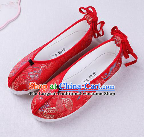 Chinese Handmade Opera Embroidered Red Brocade Shoes Traditional Hanfu Shoes National Shoes for Women