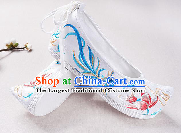 Chinese Handmade Opera Embroidered Lotus Goldfish White Bow Shoes Traditional Hanfu Shoes National Shoes for Women