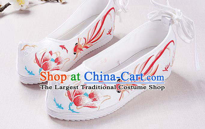 Chinese Handmade Opera Embroidered Lotus Red Goldfish Bow Shoes Traditional Hanfu Shoes National Shoes for Women