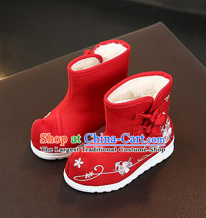 Chinese Handmade Winter Embroidered Red Boots Traditional Hanfu Shoes National Shoes for Kids