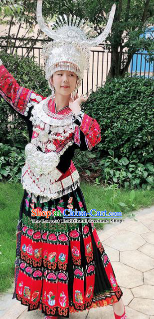 Chinese Traditional Miao Nationality Embroidered Red Costume Ethnic Folk Dance Dress for Women