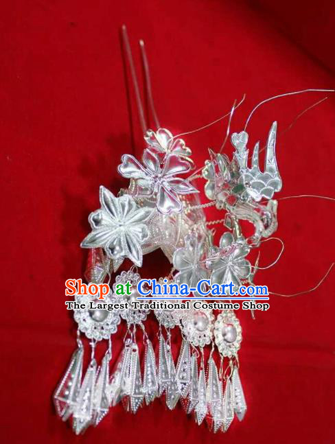 Chinese Traditional Handmade Miao Nationality Silver Bird Tassel Hairpins Ethnic Wedding Hair Accessories for Women