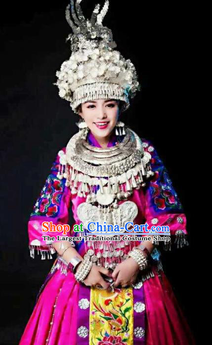 Chinese Traditional Miao Nationality Bride Embroidered Rosy Dress Ethnic Folk Dance Costume and Headwear for Women