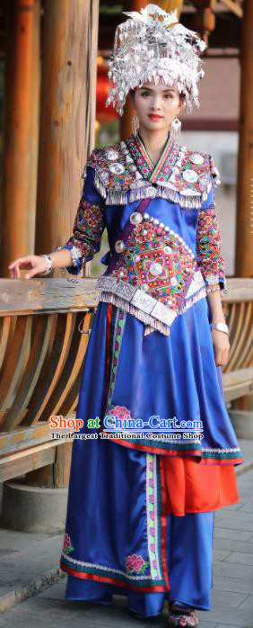 Chinese Traditional Miao Nationality Embroidered Blue Dress and Headpiece Ethnic Folk Dance Costume for Women