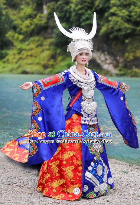 Chinese Traditional Xiangxi Miao Nationality Wedding Embroidered Royalblue Dress Ethnic Folk Dance Costume and Headpiece for Women