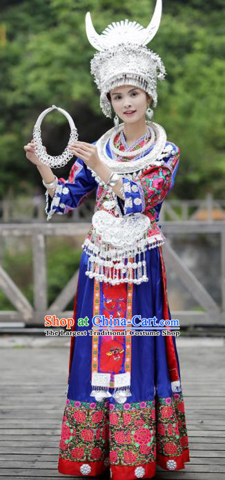 Chinese Traditional Miao Nationality Festival Embroidered Royalblue Dress Ethnic Folk Dance Costume and Headpiece for Women