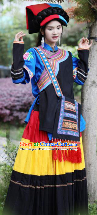 Chinese Traditional Yi Nationality Torch Festival Dress Ethnic Folk Dance Costume and Headpiece for Women