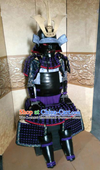 Japanese Handmade Traditional Samurai Purple Tassel Body Armor and Helmet Ancient Warrior Costumes for Men