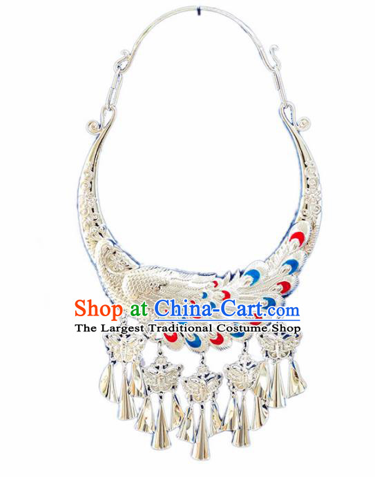 Chinese Handmade Traditional Miao Nationality Sliver Carving Peacock Necklace Ethnic Wedding Bride Accessories for Women