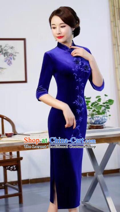 Chinese Traditional Qipao Dress Royalblue Velvet Cheongsam National Costumes for Women