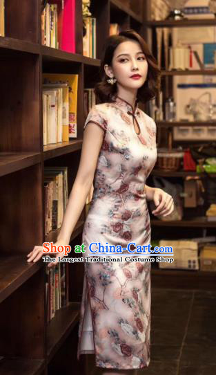 Chinese Traditional Qipao Dress Bride Printing Roses Pink Cheongsam National Costumes for Women