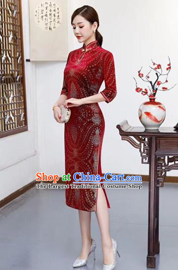 Chinese Traditional Qipao Dress Red Velvet Cheongsam National Costumes for Women