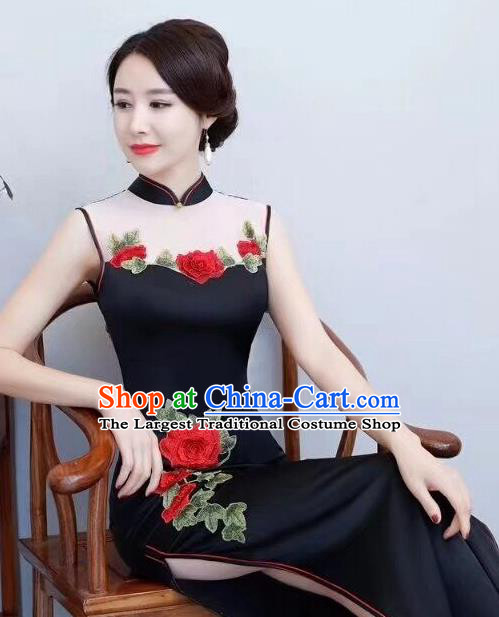 Chinese Traditional Long Qipao Dress Embroidered Black Cheongsam National Costume for Women