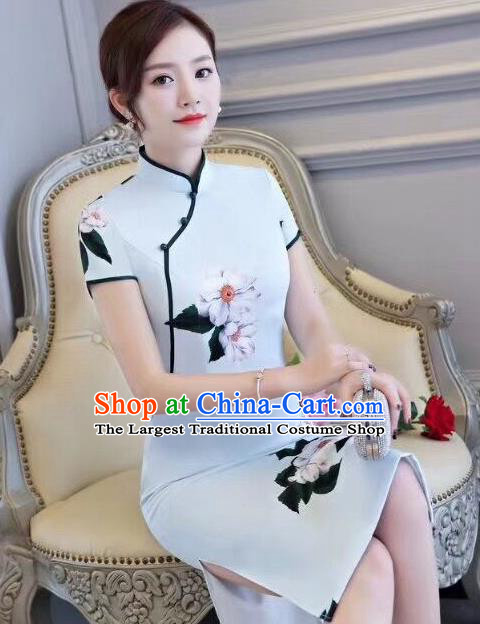 Chinese Traditional Short Qipao Dress Light Blue Cheongsam National Costume for Women