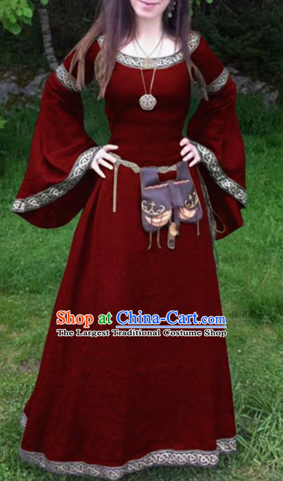 Traditional Europe Middle Ages Civilian Wine Red Dress Halloween Cosplay Stage Performance Costume for Women