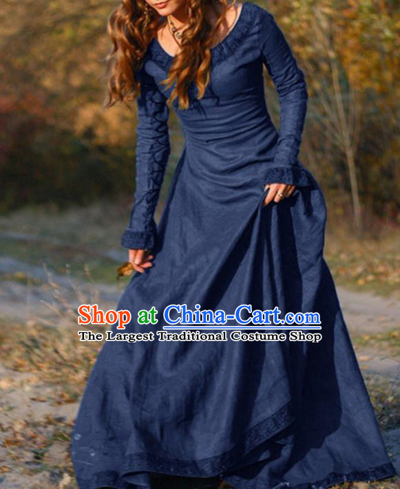 Traditional Europe Middle Ages Female Deep Blue Dress Halloween Cosplay Stage Performance Costume for Women