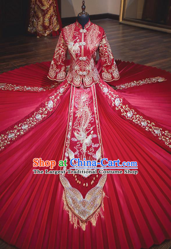 Chinese Traditional Wedding Costumes Toast Red Xiuhe Suit Ancient Bride Full Dress for Women