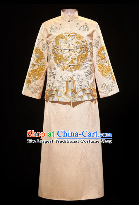 Chinese Traditional Bridegroom Wedding Xiuhe Costumes Tang Suit Embroidered Dragon Golden Mandarin Jacket and Long Gown for Men