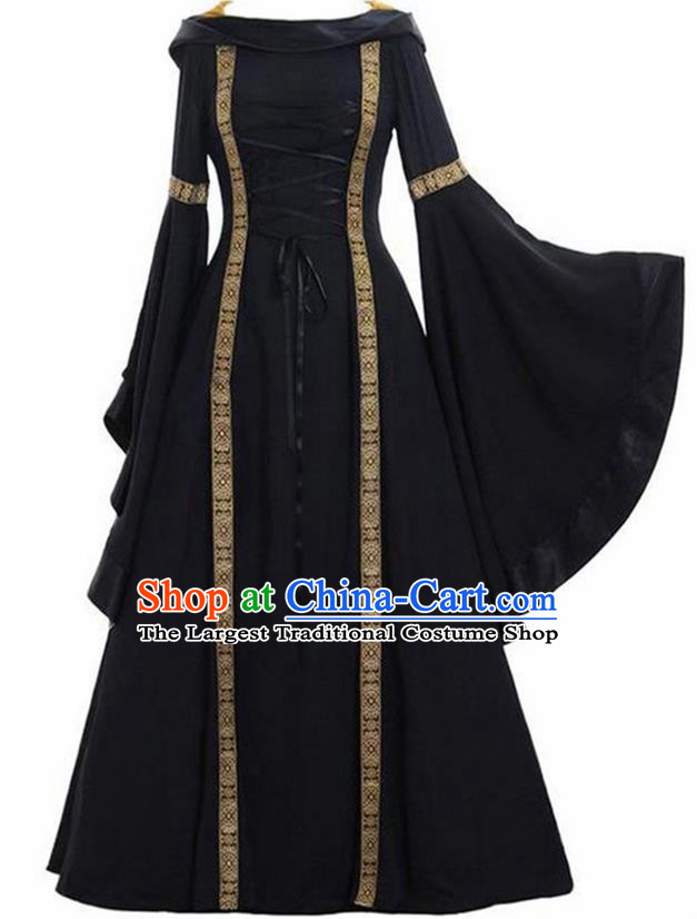 Traditional Europe Renaissance Drama Stage Performance Black Dress European Halloween Cosplay Court Costume for Women