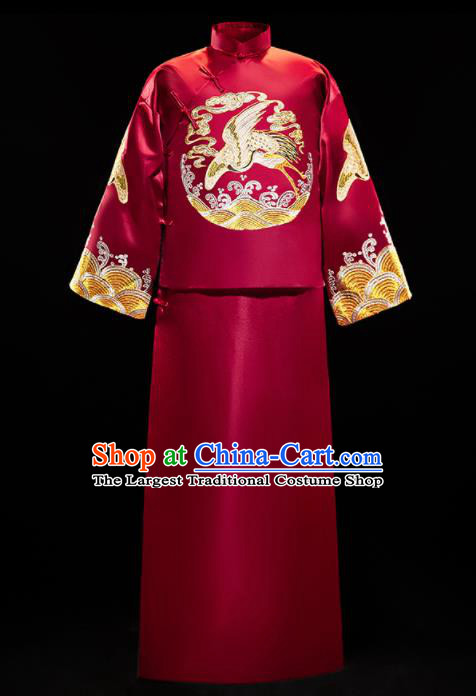 Chinese Traditional Bridegroom Wedding Embroidered Crane Costumes Tang Suit Xiuhe Suits Wine Red Mandarin Jacket and Long Gown for Men