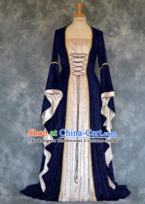 Traditional Europe Renaissance Court Deep Blue Velvet Dress European Drama Stage Performance Halloween Cosplay Costume for Women