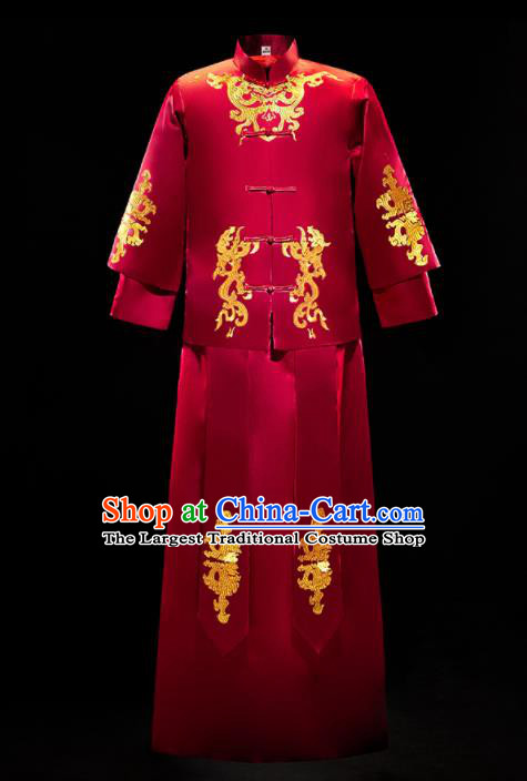 Chinese Traditional Tang Suit Dark Red Mandarin Jacket and Gown Ancient Bridegroom Wedding Embroidered Costumes for Men