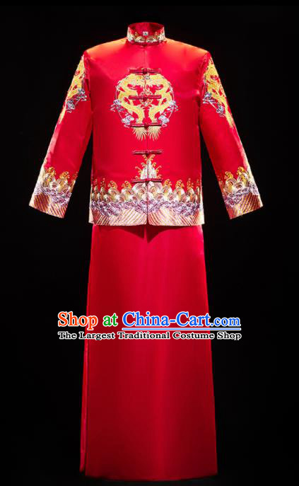 Chinese Traditional Embroidered Tang Suit Red Mandarin Jacket and Gown Ancient Bridegroom Wedding Costumes for Men