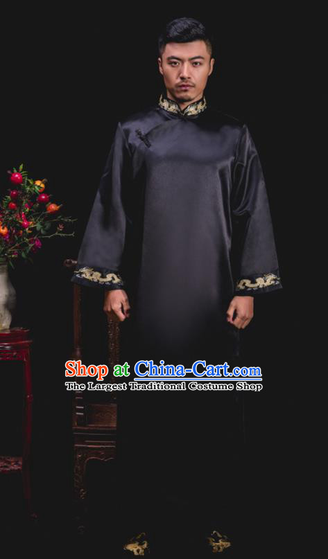 Chinese Traditional Wedding Embroidered Black Gown Ancient Groomsman Tang Suit Costumes for Men