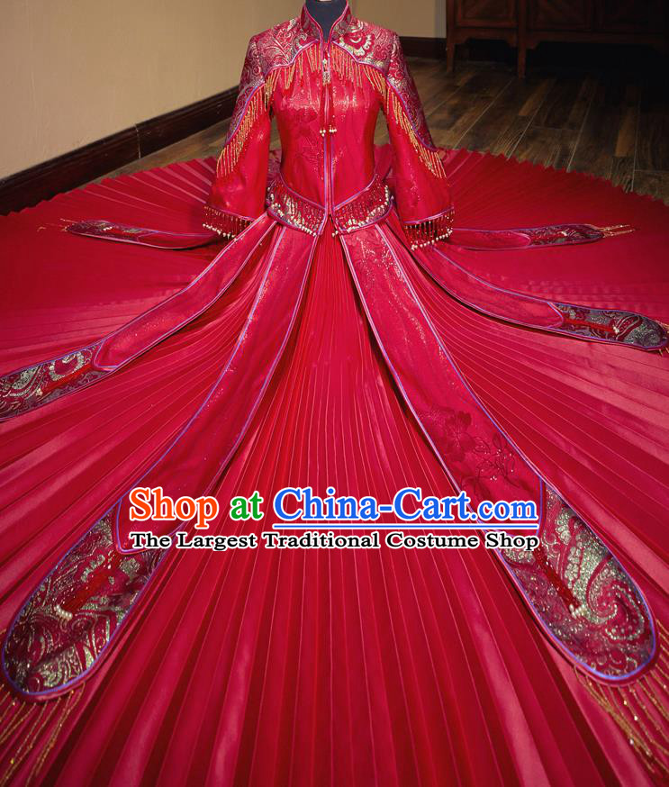 Chinese Traditional Wedding Toast Xiuhe Suit Ancient Bride Embroidered Red Full Dress for Women