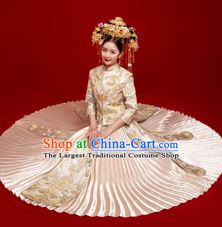 Chinese Traditional Wedding Toast White Xiuhe Suit Ancient Bride Embroidered Full Dress for Women