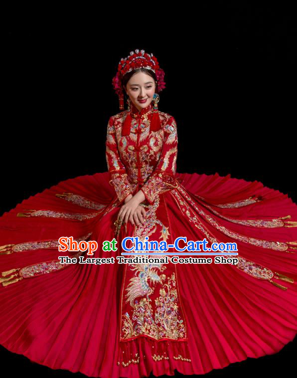 Chinese Traditional Wedding Toast Costumes Embroidered Xiuhe Suit Ancient Bride Full Dress for Women