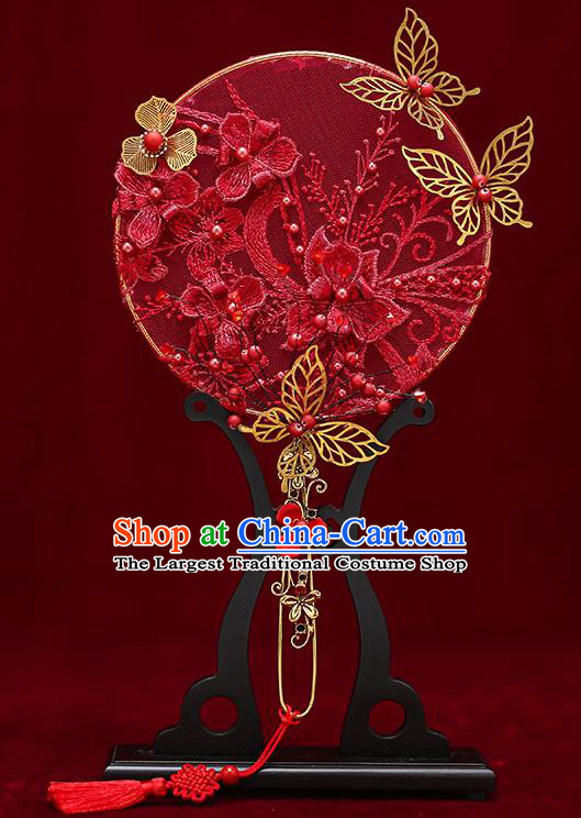 Chinese Traditional Wedding Red Lace Palace Fans Ancient Bride Prop Round Fan for Women