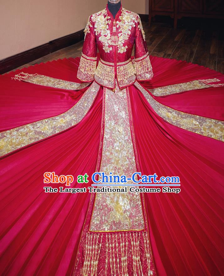 Chinese Traditional Wedding Red Costumes Toast Xiuhe Suit Ancient Bride Embroidered Full Dress for Women