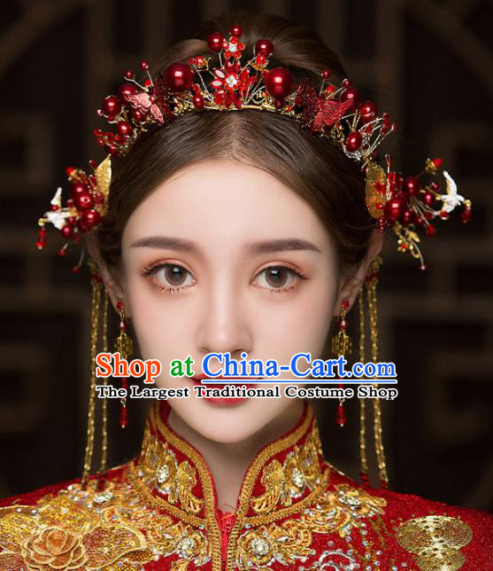 Chinese Traditional Red Flower Hair Clasp Bride Handmade Hairpins Wedding Hair Accessories Complete Set for Women