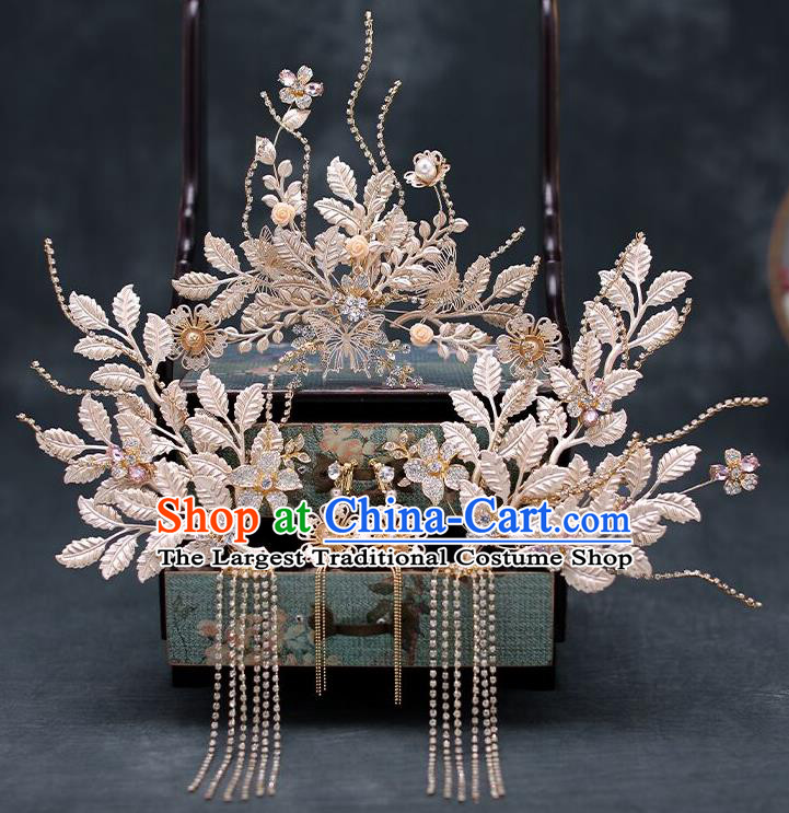 Chinese Traditional Champagne Leaf Hair Comb Bride Handmade Hairpins Wedding Hair Accessories Complete Set for Women