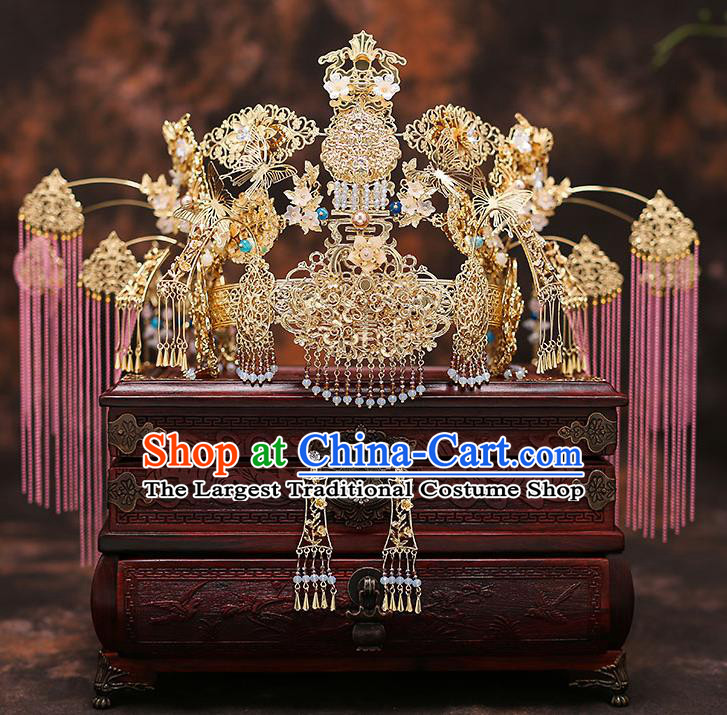 Chinese Traditional Phoenix Coronet Bride Handmade Tassel Hairpins Wedding Hair Accessories Complete Set for Women