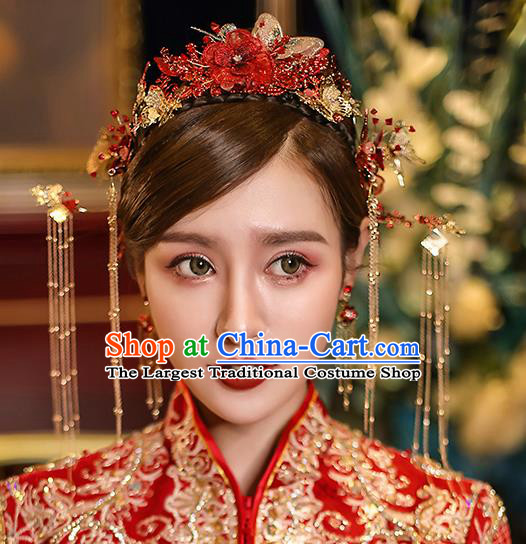 Chinese Traditional Red Flowers Phoenix Coronet Bride Handmade Tassel Hairpins Wedding Hair Accessories Complete Set for Women