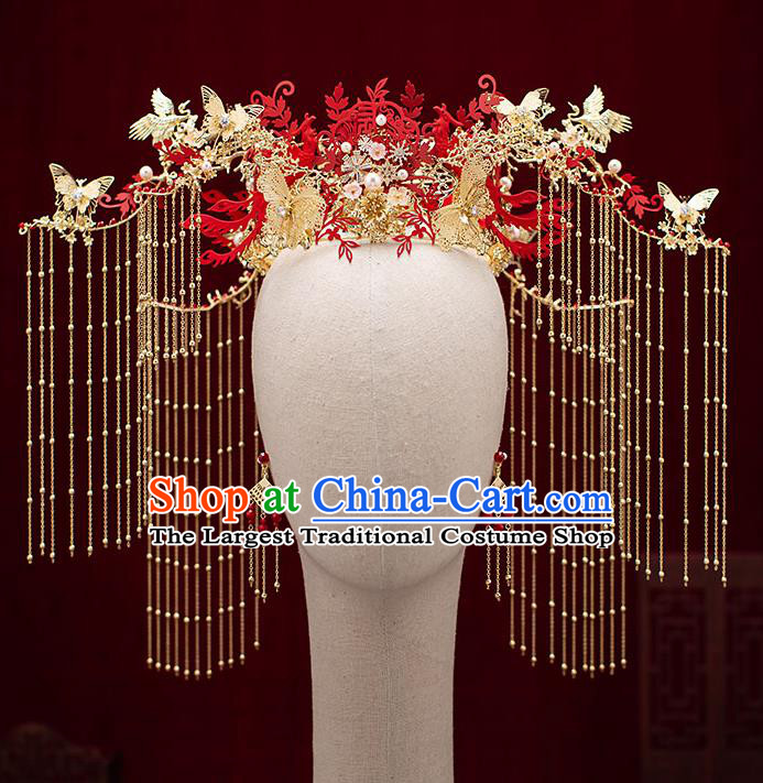 Chinese Traditional Tassel Phoenix Coronet Bride Handmade Hairpins Wedding Hair Accessories Complete Set for Women