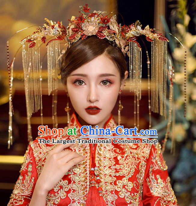 Chinese Traditional Wedding Luxury Phoenix Coronet Bride Handmade Tassel Hairpins Hair Accessories Complete Set for Women