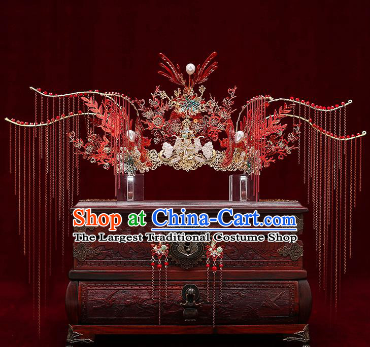 Chinese Traditional Red Tassel Phoenix Coronet Bride Handmade Hairpins Wedding Hair Accessories Complete Set for Women