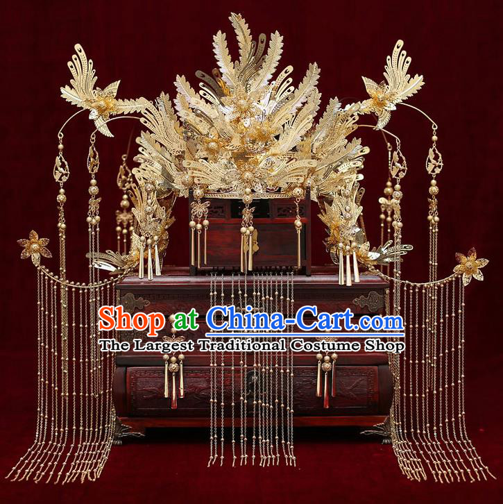 Chinese Traditional Wedding Golden Phoenix Coronet Bride Handmade Tassel Hairpins Hair Accessories Complete Set for Women