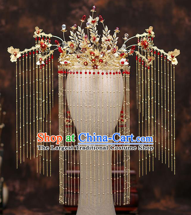 Chinese Traditional Golden Tassel Phoenix Coronet Bride Handmade Hairpins Wedding Hair Accessories Complete Set for Women