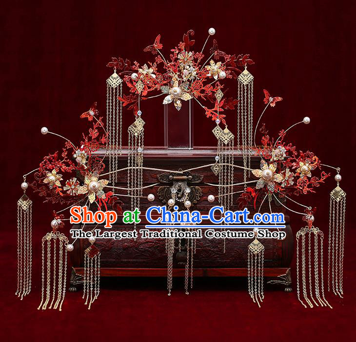 Chinese Traditional Red Leaf Phoenix Coronet Bride Handmade Hairpins Wedding Hair Accessories Complete Set for Women