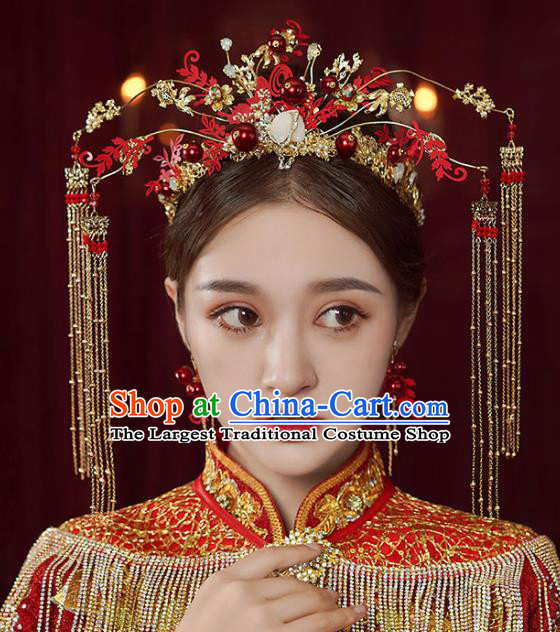 Chinese Traditional Wedding Red Phoenix Coronet Bride Handmade Tassel Hairpins Hair Accessories Complete Set for Women