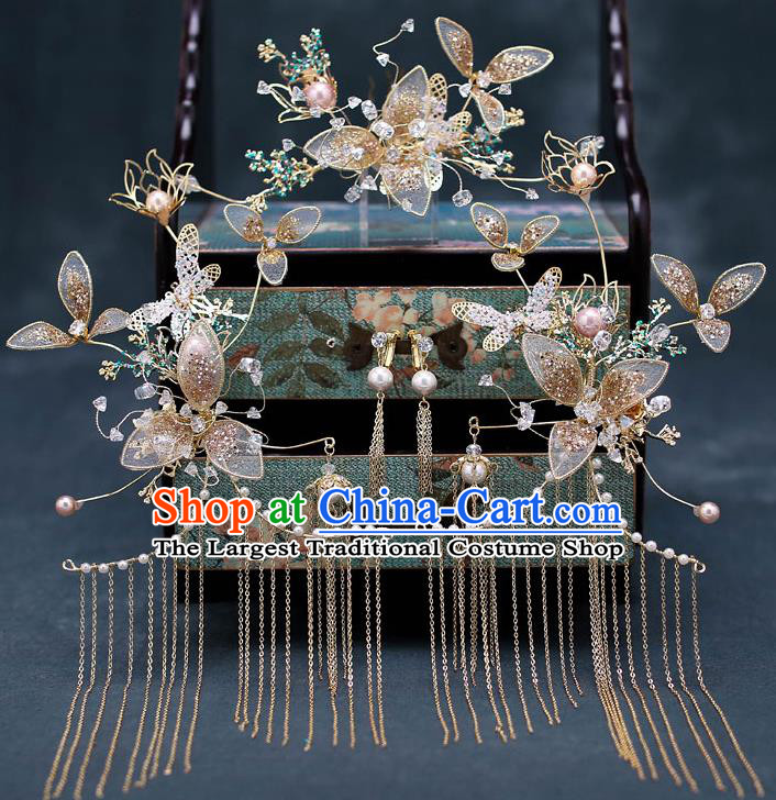 Chinese Traditional Wedding Hair Comb Bride Handmade Tassel Hairpins Hair Accessories Complete Set for Women