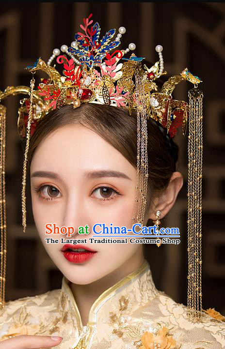 Chinese Traditional Blueing Phoenix Coronet Bride Handmade Hairpins Wedding Hair Accessories Complete Set for Women