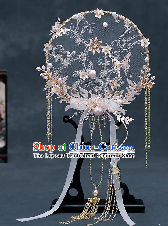 Chinese Traditional Wedding Pink Butterfly Palace Fans Ancient Bride Prop Round Fan for Women