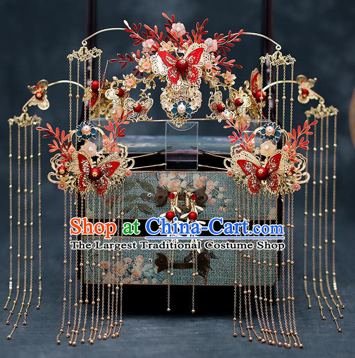 Chinese Traditional Bride Red Butterfly Hair Clasp Handmade Hairpins Wedding Hair Accessories Complete Set for Women